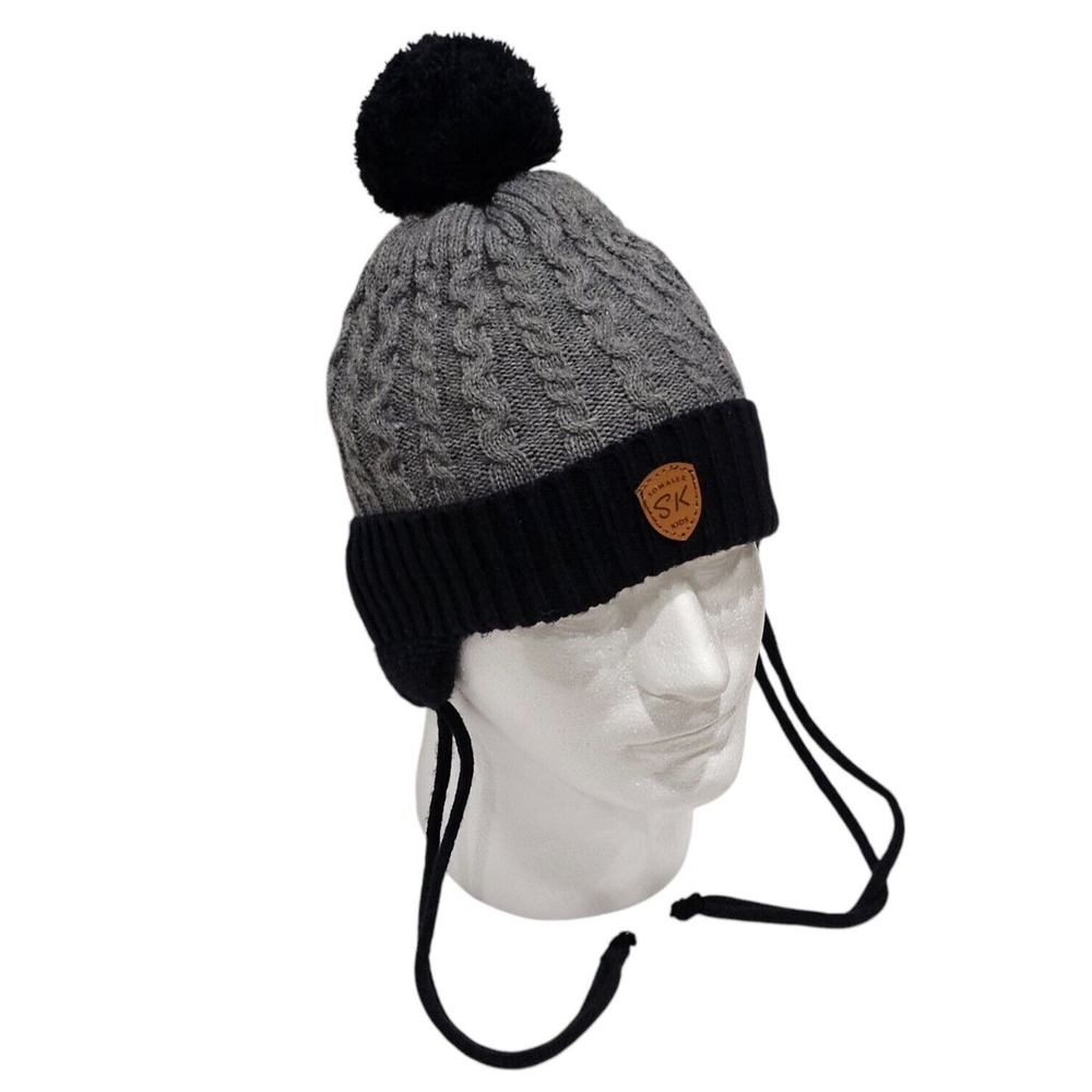 Somaler Kids SK Beanie Toque Gray Black (Strings & Pom Pom)One Size Fits Most